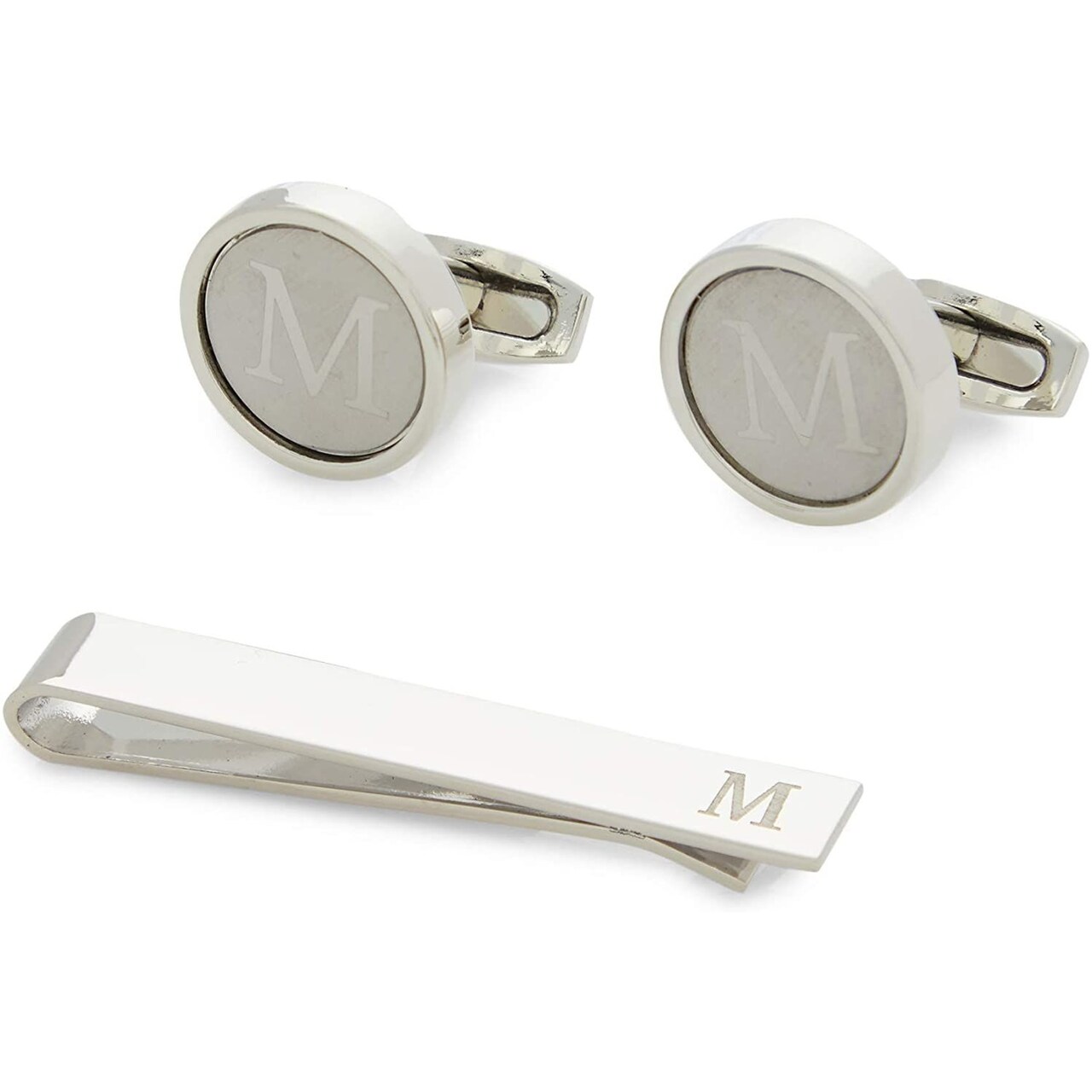 Men's Initial Cufflinks Set and Tie Clips with Gift Box, Alphabet Letter Monogram M